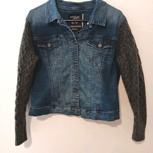 Silver Jeans Co XL Hybrid Denim Jean Jacket Gray Cable Knit Sweater Sleeves